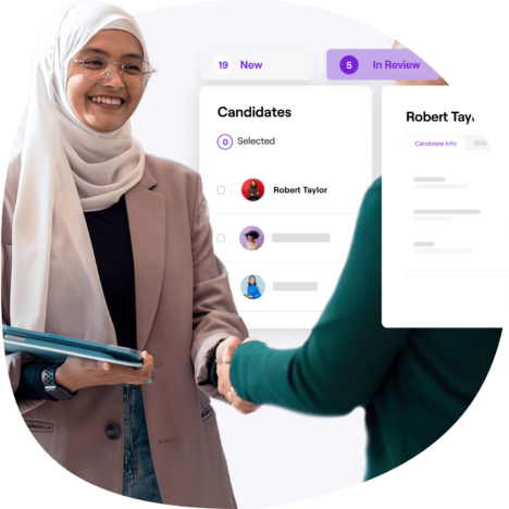 A smiling woman wearing a hijab and holding a folder, shaking hands with someone. In the background, a recruitment interface displays candidate names and progress statuses, showing a candidate selection process