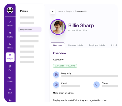 A profile page interface displaying employee details for Billie Sharp, an Account Executive. The page includes sections for an overview, personal details, and contact information