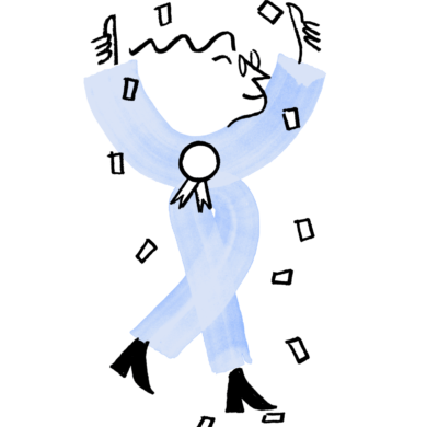 An illustration of Quinn in a blue outfit celebrating with arms raised and legs crossed, depicted in a minimalistic style with curly hair