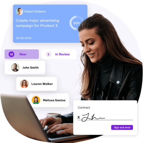 A graphic showing a woman working on a laptop, surrounded by UI elements representing task management and collaboration