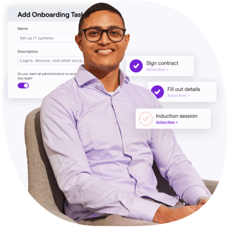 A graphic featuring a man sitting and smiling, with UI elements showing onboarding tasks such as signing a contract