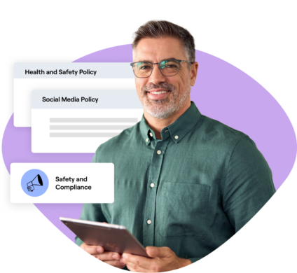 Smiling man holding a tablet, with icons for Health and Safety Policy, Social Media Policy, and Safety and Compliance in the background