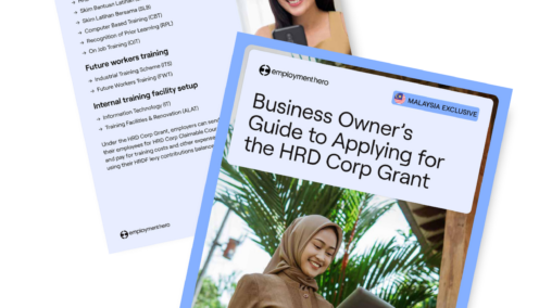 A two-page guide titled "Business Owner's Guide to Applying for the HRD Corp Grant." The first page provides an overview of the HRD Corp Grant with a list of eligibility criteria, while the cover page features a woman using a tablet, set against a backdrop of greenery
