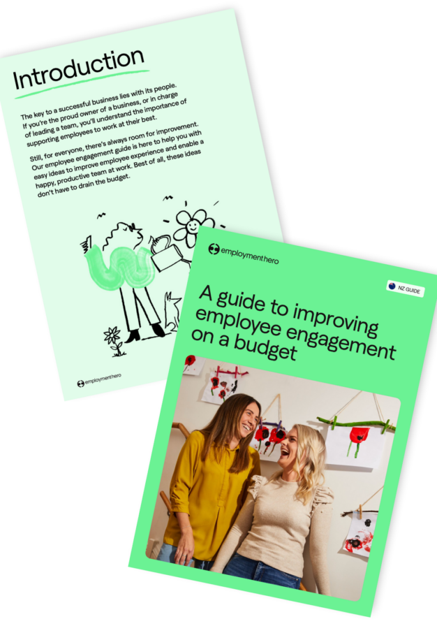 'A guide to improving employee engagement on a budget.' The first page contains an introduction in black text on a light green background, along with a playful illustration of a person holding a green megaphone. The second page features a cover image of two smiling women in a casual work environment, with the title of the guide displayed prominently in green