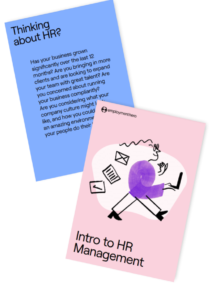 Two overlapping brochures: 'Thinking about HR?' and 'Intro to HR Management' with Quinn at a laptop illustration.