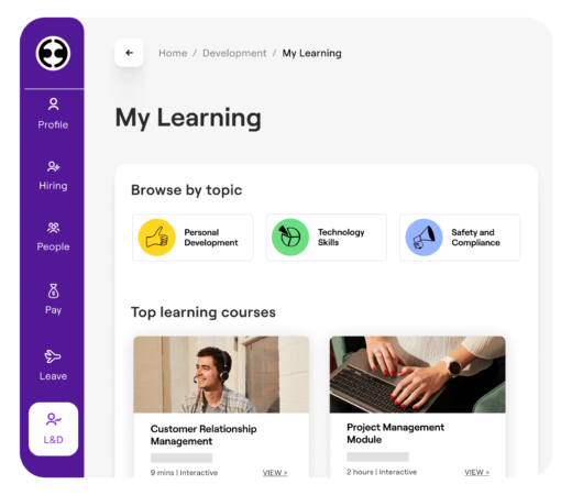 An image showing a "My Learning" dashboard interface with options to browse learning topics such as Personal Development, Technology Skills, and Safety and Compliance