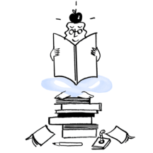 Character reading a large book atop a stack of books
