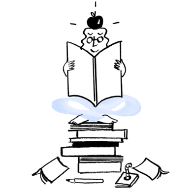Character reading a large book atop a stack of books