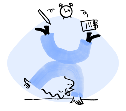 An illustration of Quinn doing a handstand while juggling a pencil, an alarm clock, and a notepad