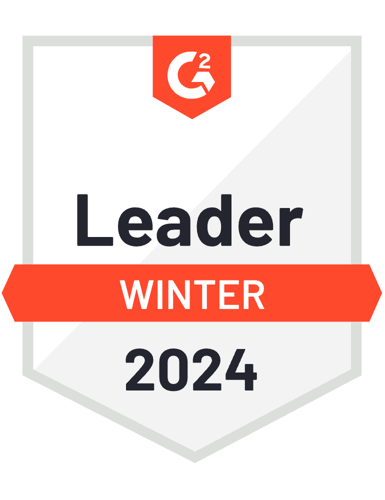 A G2 badge recognizing a company as a 'Leader' for Winter 2024. The badge features an orange ribbon and the G2 logo at the top.