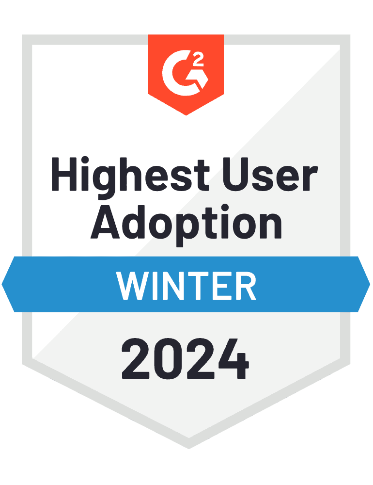 A G2 badge recognizing a company for 'Highest User Adoption' in Winter 2024. The badge features a blue ribbon and the G2 logo at the top