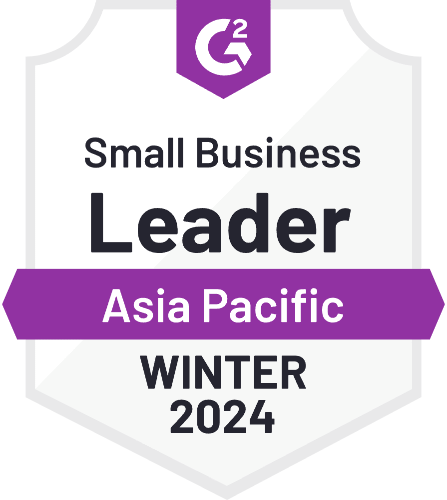 A G2 badge recognizing a company as the 'Small Business Leader' for Asia Pacific in Winter 2024. The badge features a purple ribbon and the G2 logo at the top.