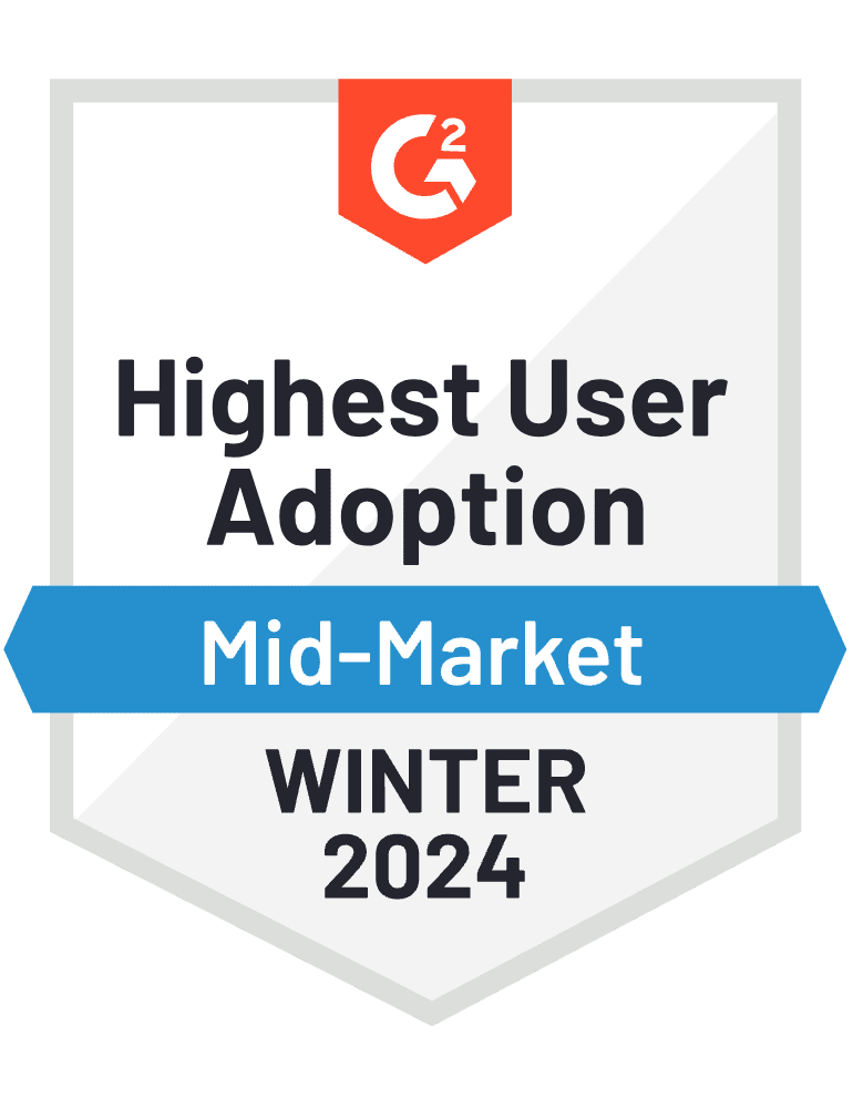 A G2 badge recognizing a company for 'Highest User Adoption' in the Mid-Market category for Winter 2024. The badge features a blue ribbon and the G2 logo at the top