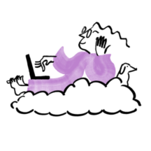 An illustration of Quinn resting on a cloud while typing on a laptop, a dog resting