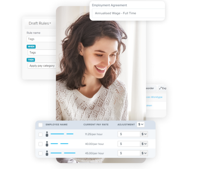 A smiling woman overlaid with digital elements like pay rate adjustments and employment agreement settings, symbolizing streamlined payroll and employment management