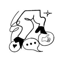 An abstract illustration of legs jumping over speech bubbles of a heart, ellipses, and a thumbs up emoji