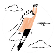 An illustration of Quinn in a light orange shirt, soaring through the skies with a cape