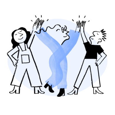An illustration of Quinn giving highfives to two friends