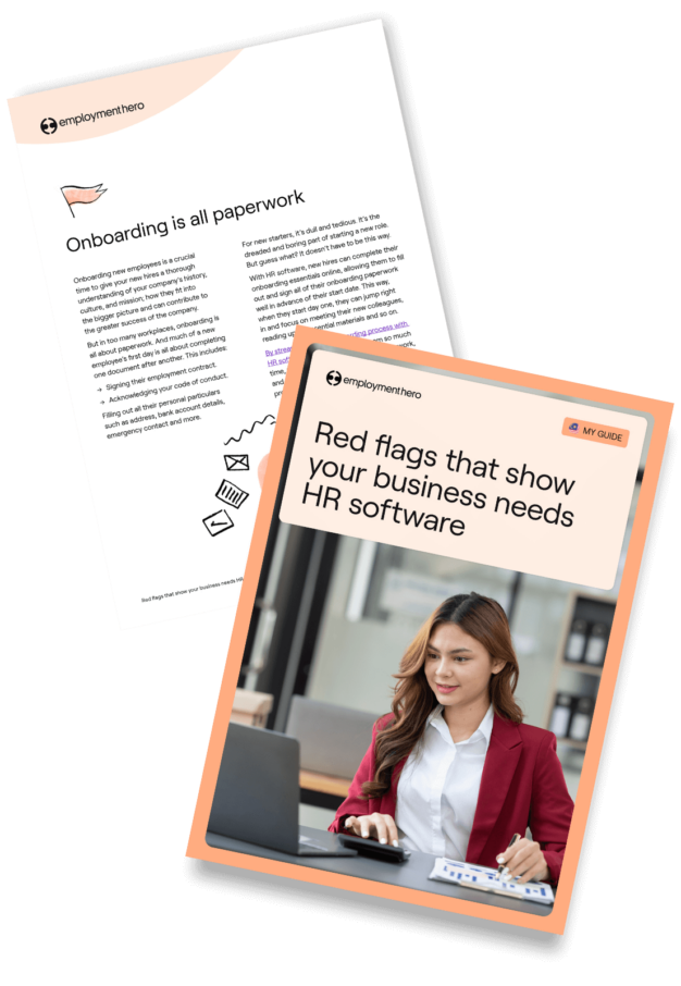 Cover and inside page of a guide titled 'Red flags that show your business needs HR software