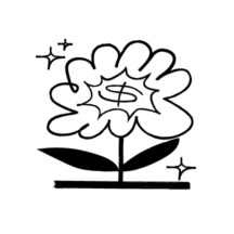 A flower with a dollar sign at its center, symbolizing financial growth, prosperity, or investment, surrounded by sparkles.