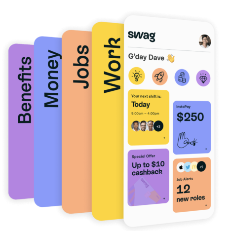 An illustration of the Swag app showcasing different sections: Benefits, Money, Jobs, and Work