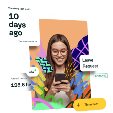A graphic featuring a woman using a smartphone surrounded by various UI elements, such as "10 days ago" since last paid, annual leave balance, and an approved leave request