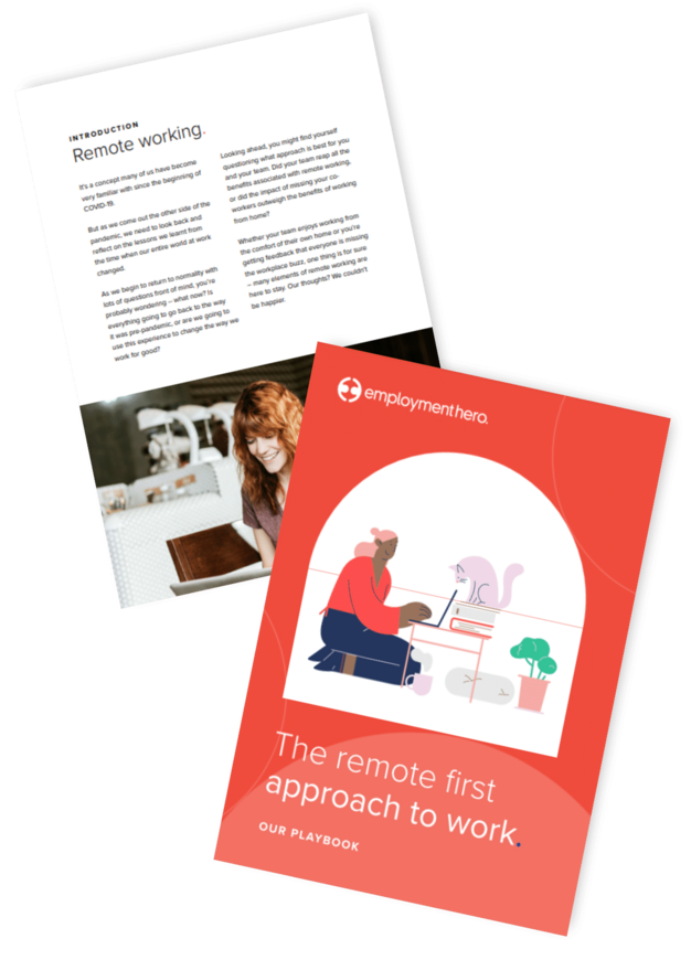 The image shows two pages of a guide titled "The Remote First Approach to Work: Our Playbook."