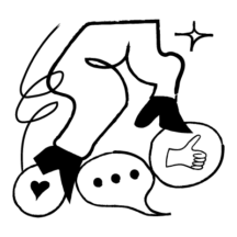 Abstract illustration of legs walking on speech bubbles with icons of a heart, dots, and a thumbs-up