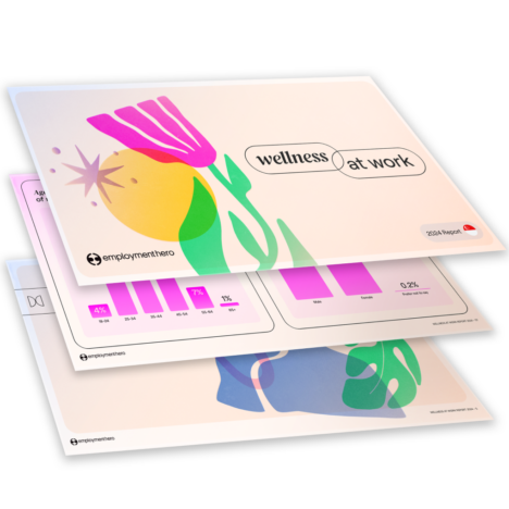 An image showcasing multiple pages of the 'Wellness at Work' report by Employment Hero. The cover features abstract, colorful illustrations of nature with the title 'wellness at work' displayed