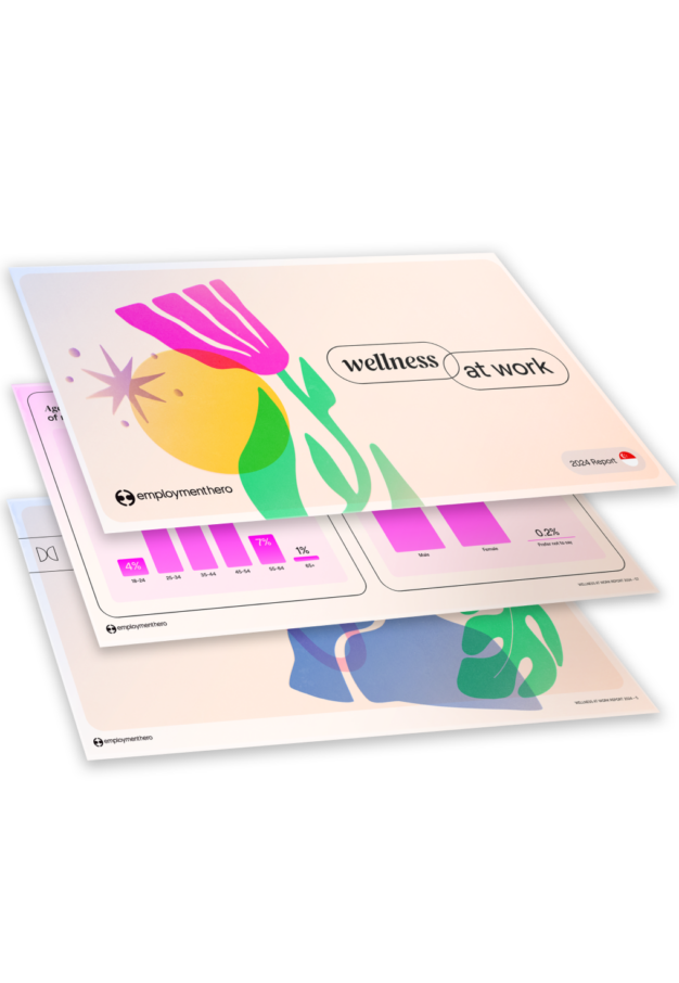 An image showcasing multiple pages of the 'Wellness at Work' report by Employment Hero. The cover features abstract, colorful illustrations of nature with the title 'wellness at work' displayed