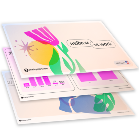 Stack of pages showcasing the 'Wellness at Work' report with colorful illustrations and graphs on different pages