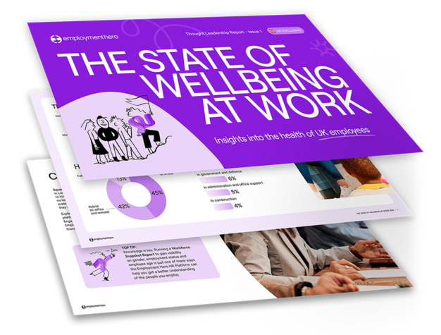 A layered mockup featuring pages from the "State of Wellbeing at Work" report. The cover is prominently purple with white text, highlighting insights into the health of UK employees, while the internal pages display graphical data and statistics